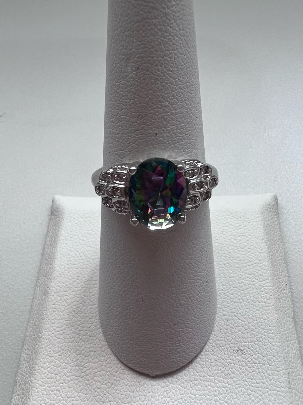 Sterling Silver Mystic Topaz Oval Filigree Ring Size 7.75